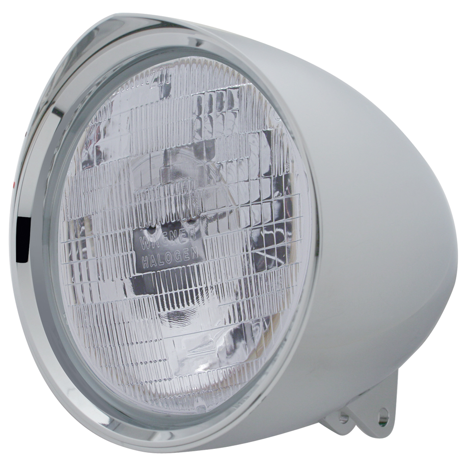 Chrome Aluminum 7" Billet Style "Chopper" Motorcycle Mount Headlight With Razor Visor - H6024 Halogen