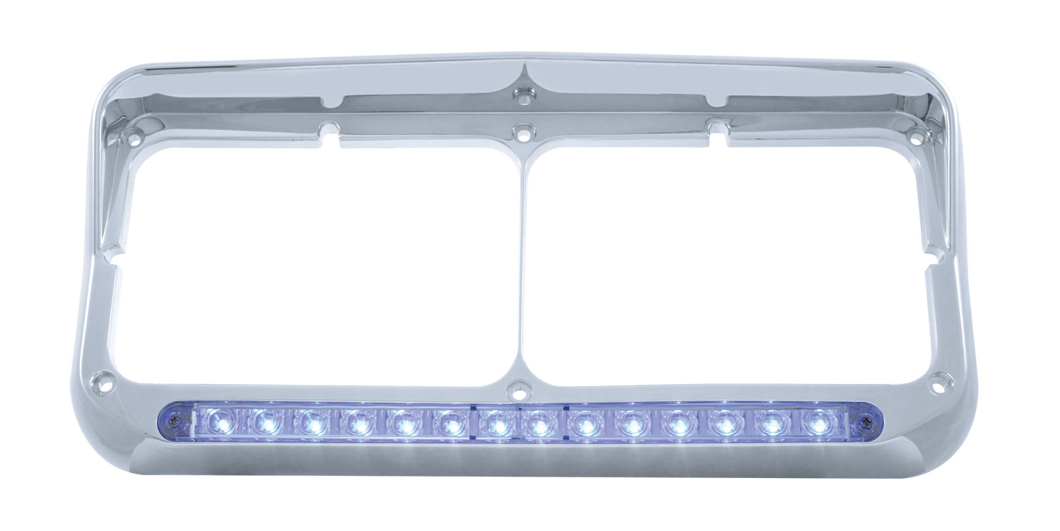 Chrome Plastic 14 Blue Led Rectangular Headlight Bezel W/ Visor - Clear Lens