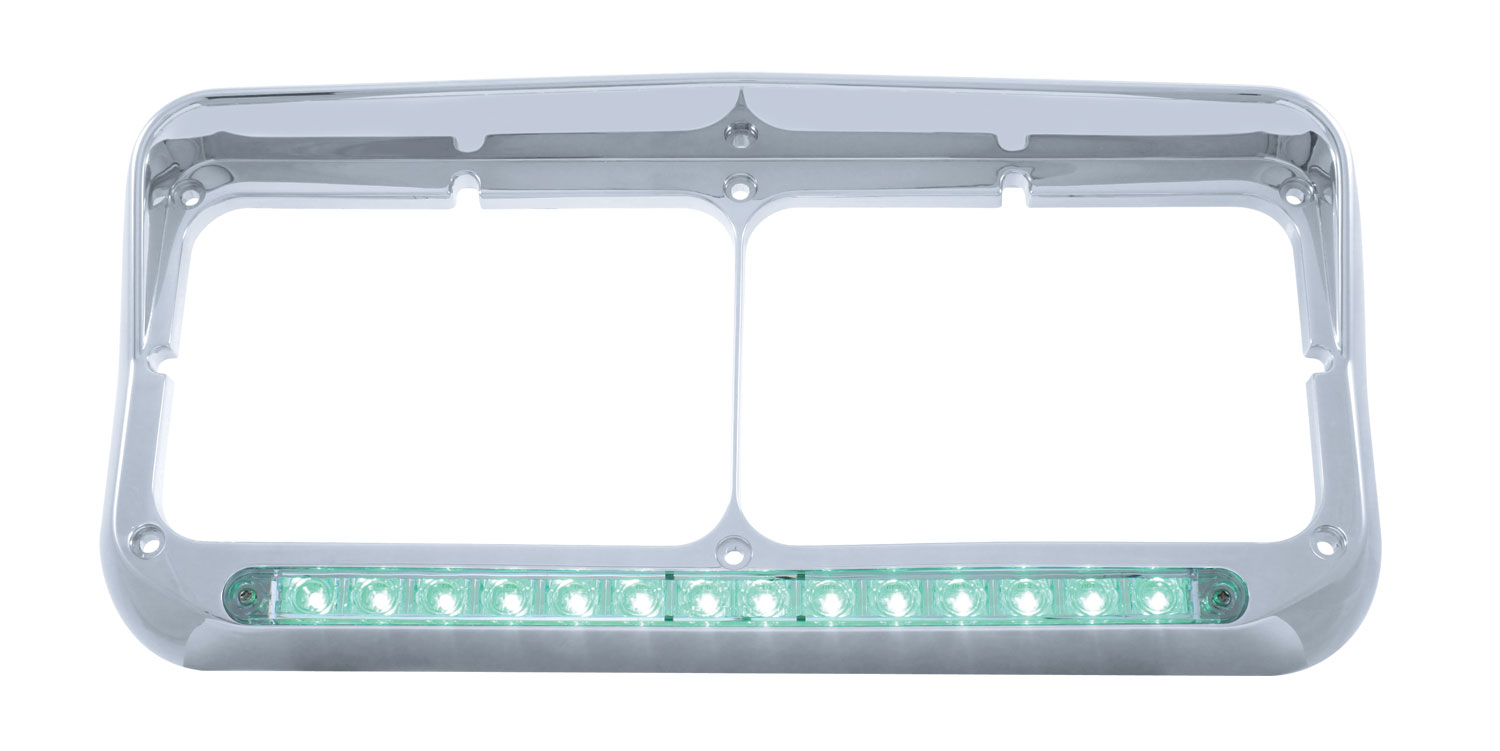 Chrome Plastic 14 Green Led Rectangular Headlight Bezel W/ Visor - Clear Lens