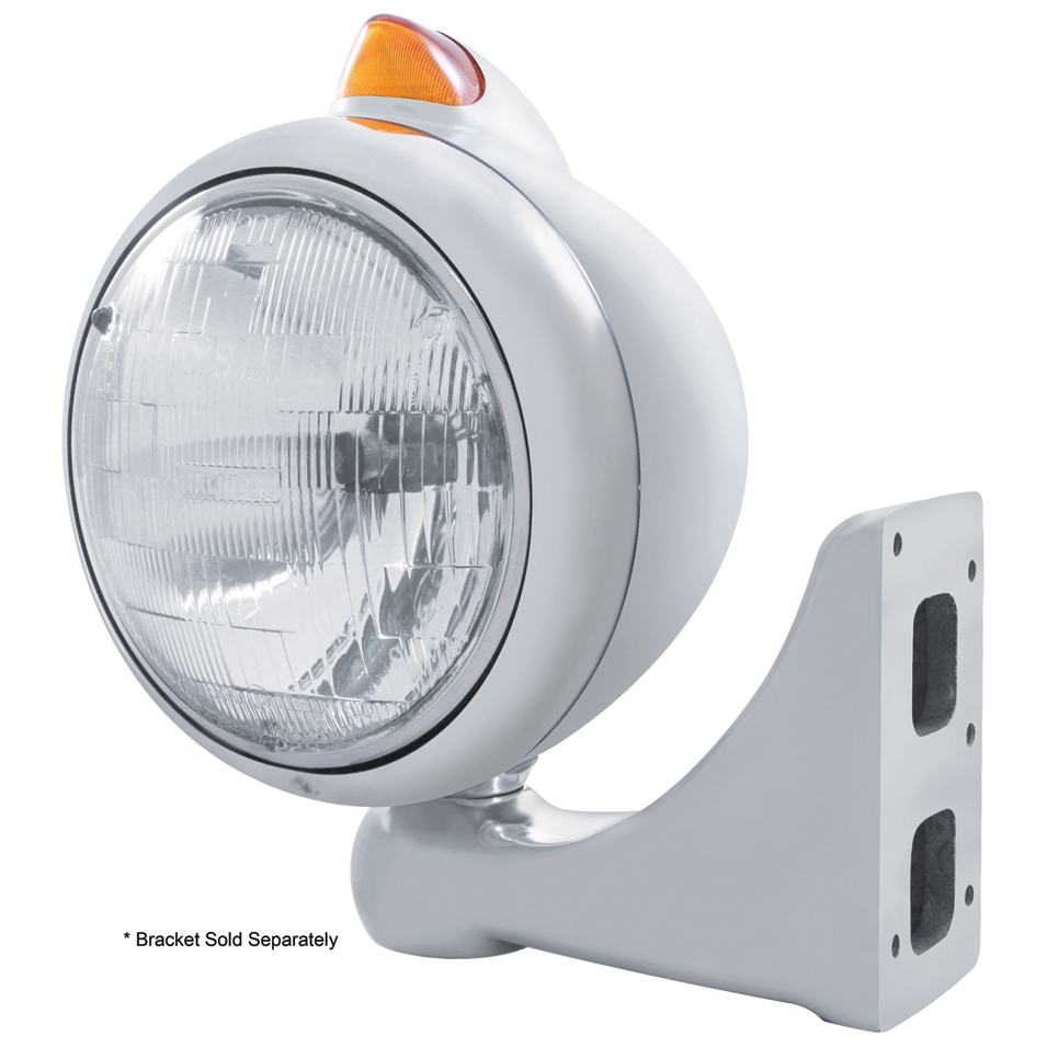 Stainless Steel "Guide" Peterbilt Headlight H6024 Halogen W/ 5 Amber Led Vintage 682-C Series 2 Top Mount Light - Amber Lens