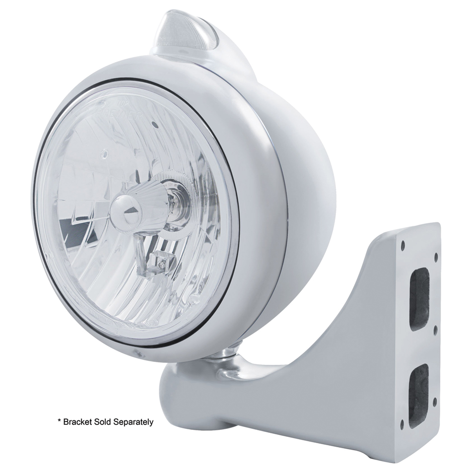 Stainless Steel "Guide" Peterbilt Headlight Crystal H4 Halogen W/ 5 Amber Led Vintage 682-C Series 2 Top Mount Light - Clear Lens