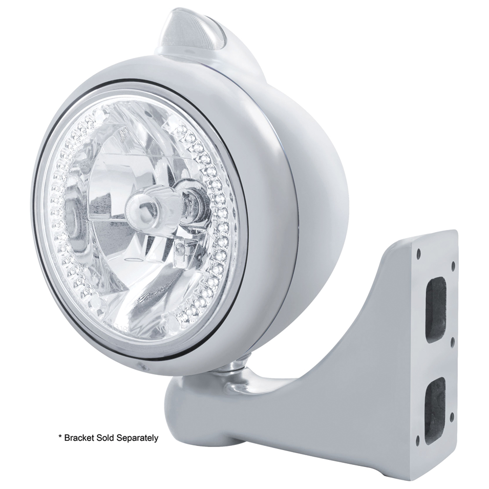 Stainless Steel "Guide" Peterbilt Headlight 34 Wht Led Crystal Halogen W/ 5 Amb Led Vintage 682-C Series 2 Top Mount Light - Clear Lens