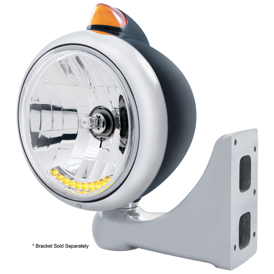 Blk. "Guide" Peterbilt Headlight 10 Amb Led Crystal Halogen W/ 5 Amb Led Vintage 682-C Series 2 Top Mount Light - Amber Lens