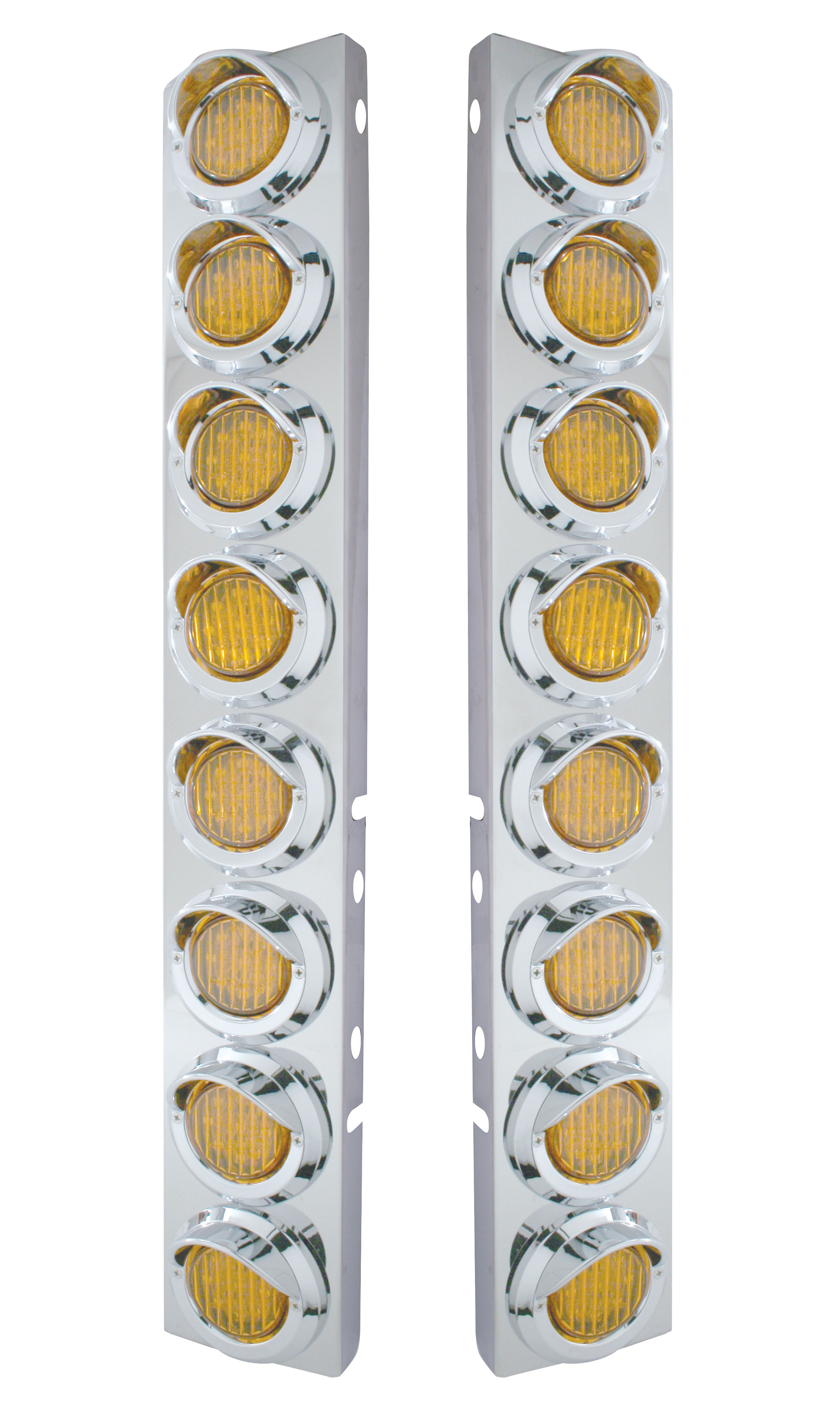 (2/Bulk) Stainless Steel Peterbilt 16 Led Cutout A/C Bracket W/2" 9 Amber Led Flat Light & Chrome Pl. Visor - Amber Lens