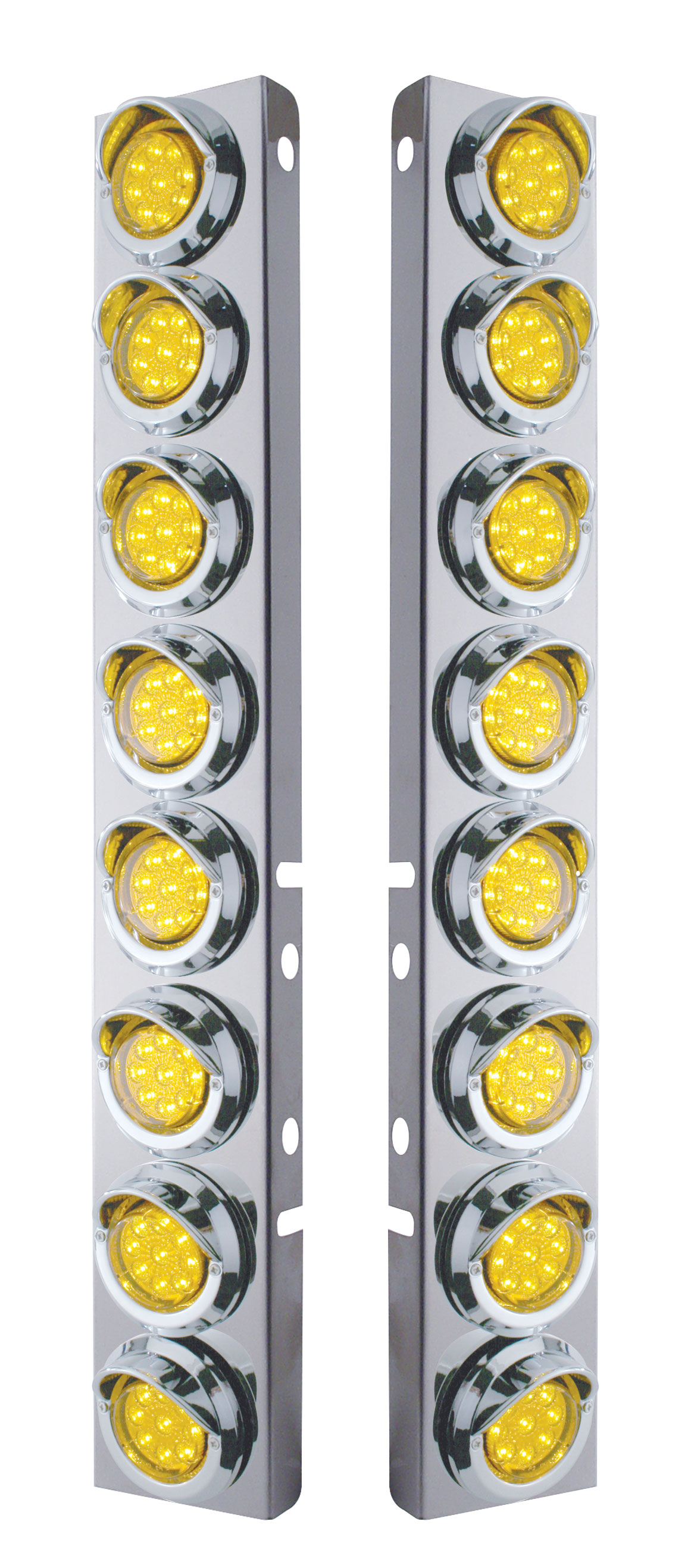 (2/Bulk) Stainless Steel Peterbilt 16 Led Cutout A/C Bracket W/2" 9 Amber Led Flat Reflector Light & Chrome Pl. Visor - Amber Lens