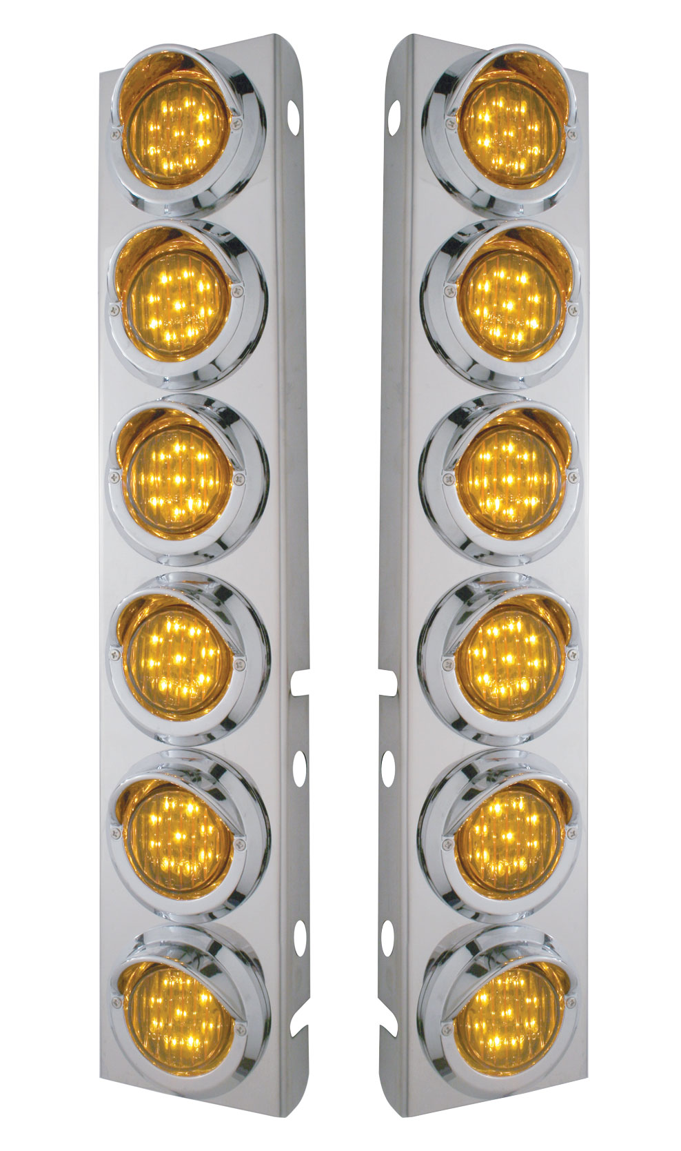 (2/Bulk) Stainless Steel Peterbilt 12 Led Cutout A/C Bracket W/2" 9 Amber Led Flat Light & Chrome Pl. Visor - Amber Lens