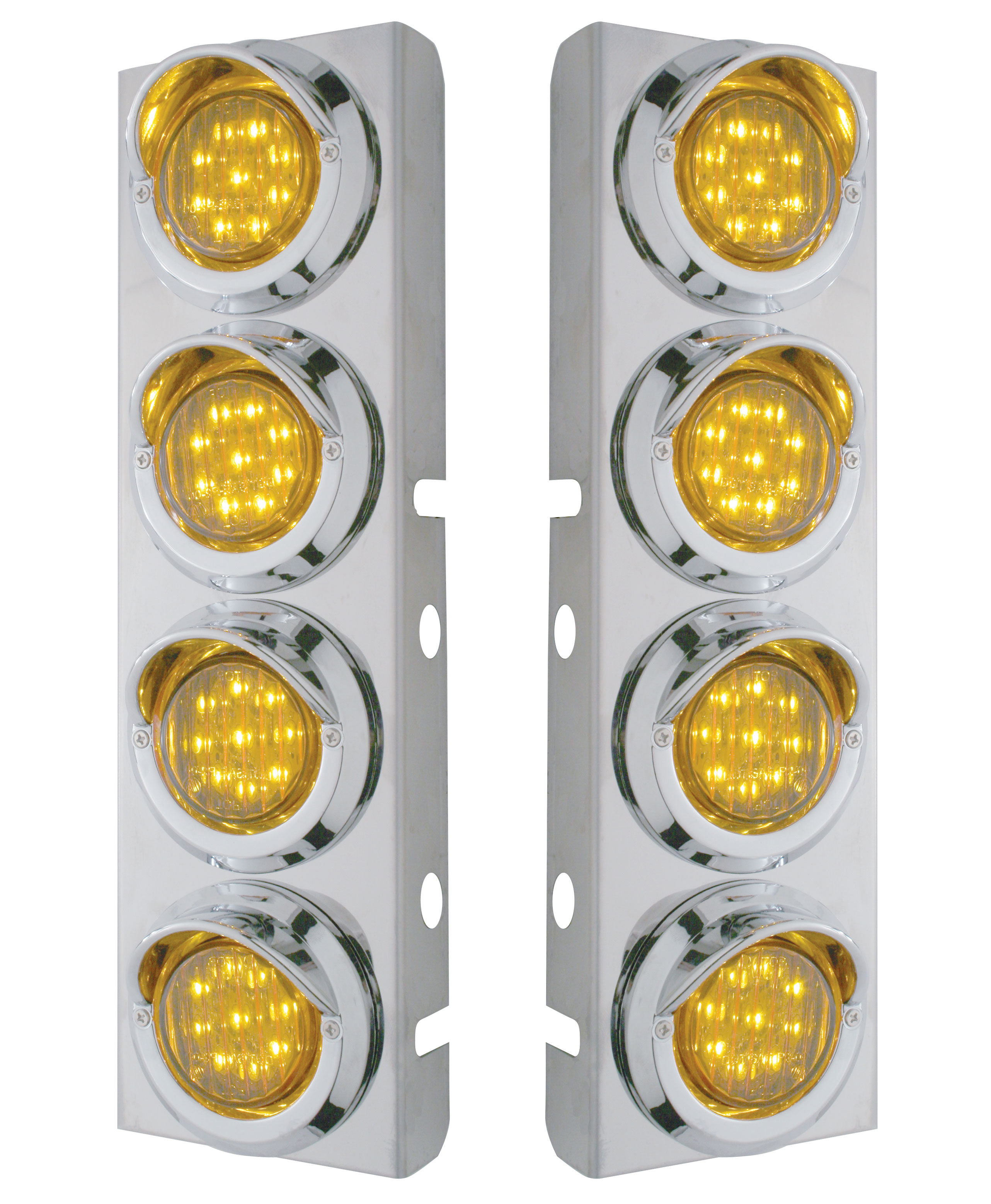 (2/Bulk) Stainless Steel Peterbilt 12 Led Cutout A/C Bracket W/2" 9 Amber Led Flat Light & Chrome Pl. Visor - Amber Lens
