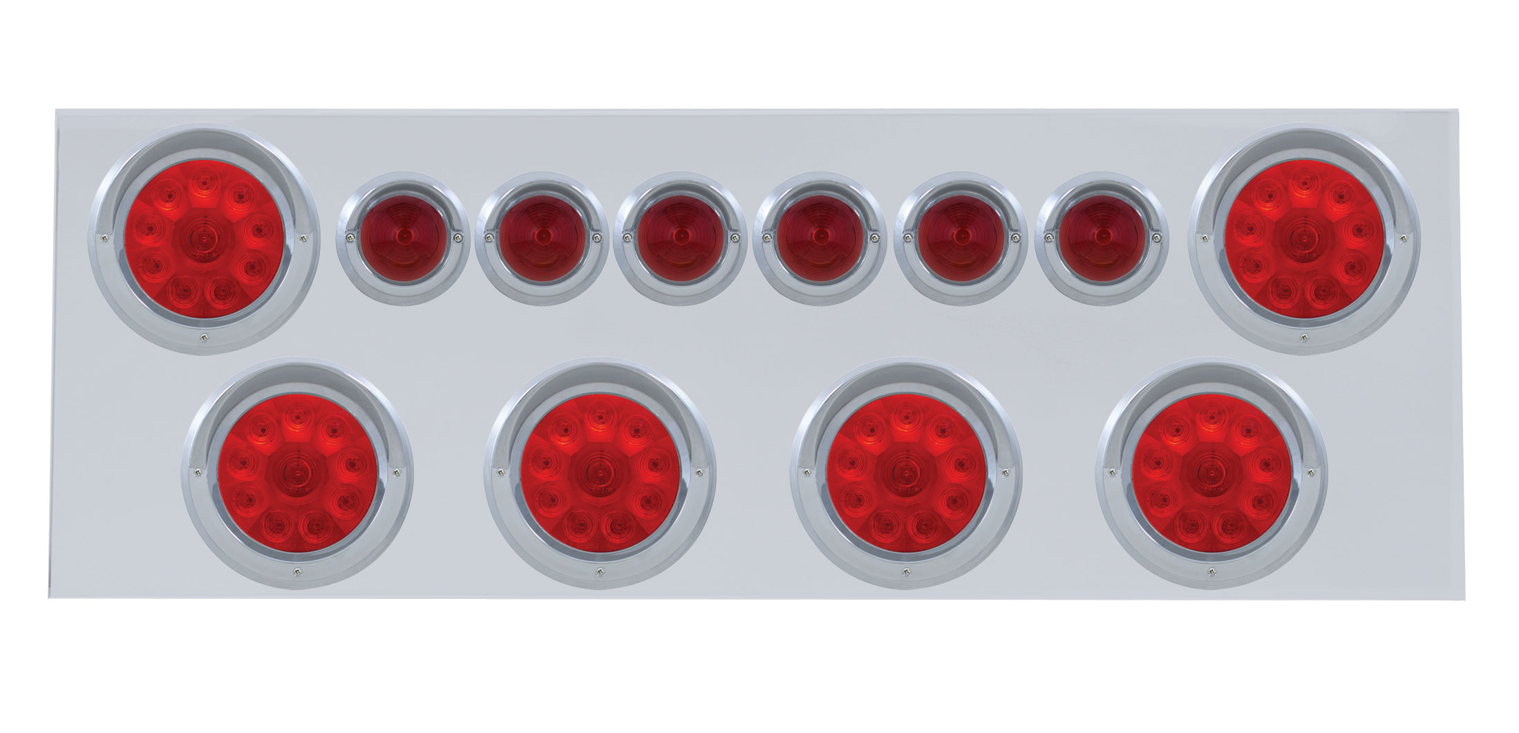 Stainless Steel Rear Center Light Panel W/ Six 10 Led 4" & 9 Led 2" Beehive Light W/ Visor - Red Led/Red Lens