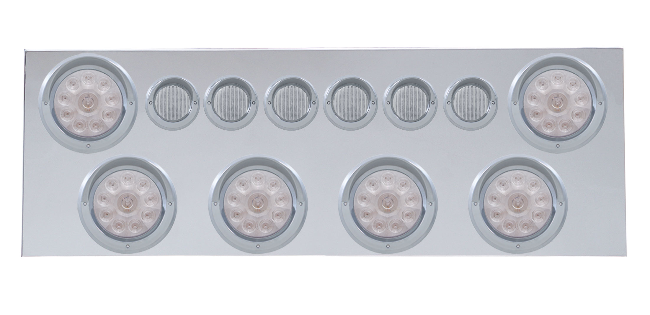 Stainless Steel Rear Center Light Panel W/ Six 10 Led 4" & 9 Led 2" Flat Light W/ Visor - Red Led/Clear Lens