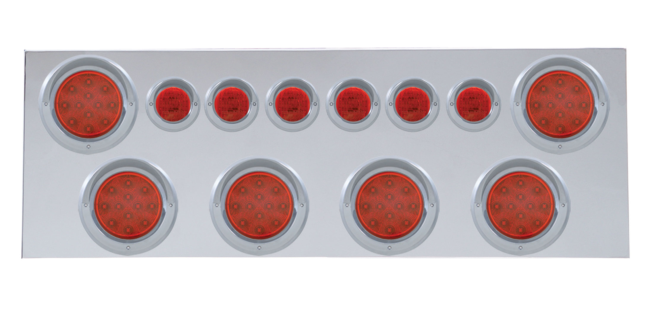 Stainless Steel Rear Center Light Panel W/ Six 12 Led 4" & 9 Led 2" Flat Light W/ Visor - Red Led/Red Lens