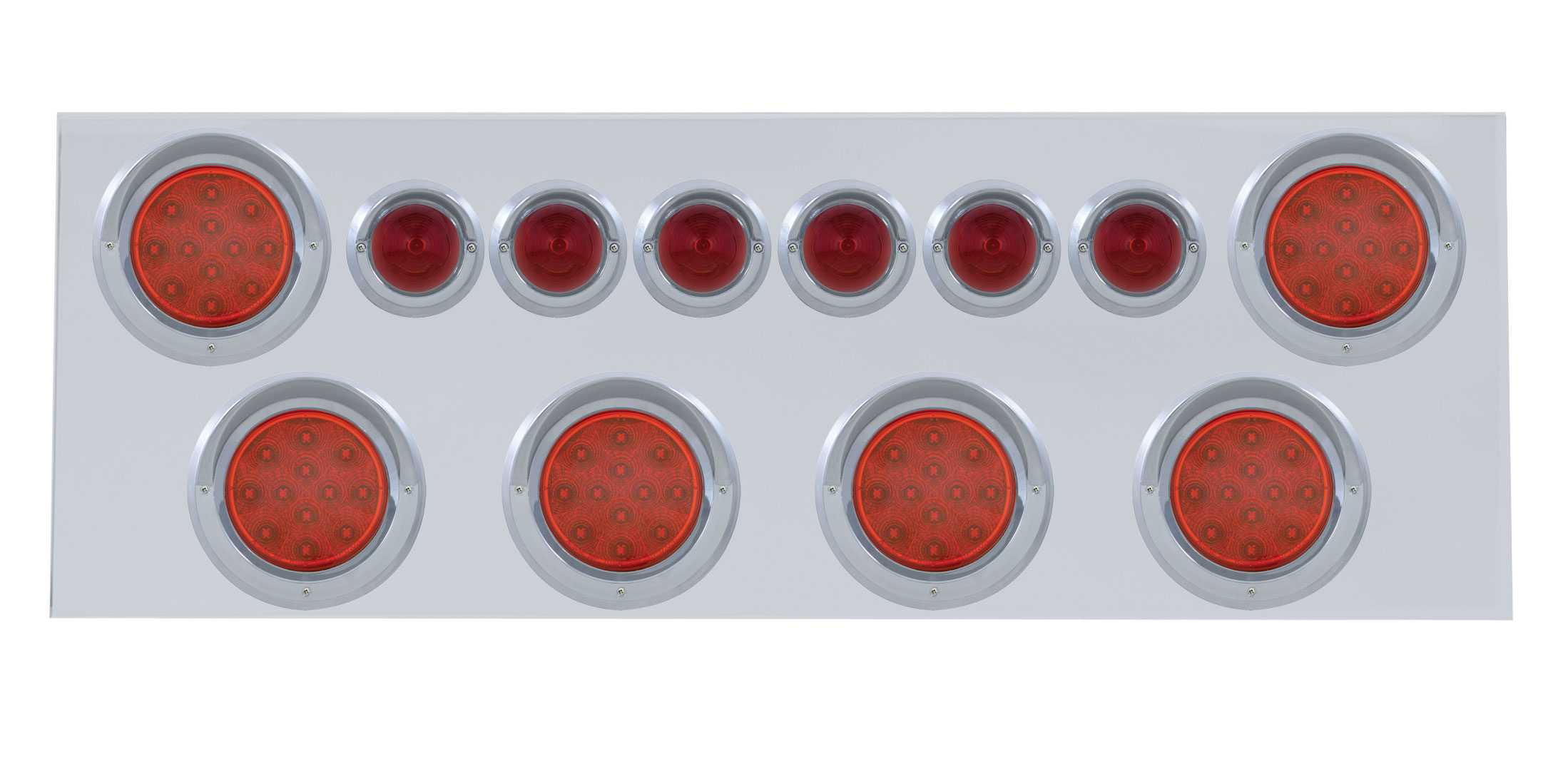 Stainless Steel Rear Center Light Panel W/ Six 12 Led 4" & 9 Led 2" Beehive Light W/ Visor - Red Led/Red Lens
