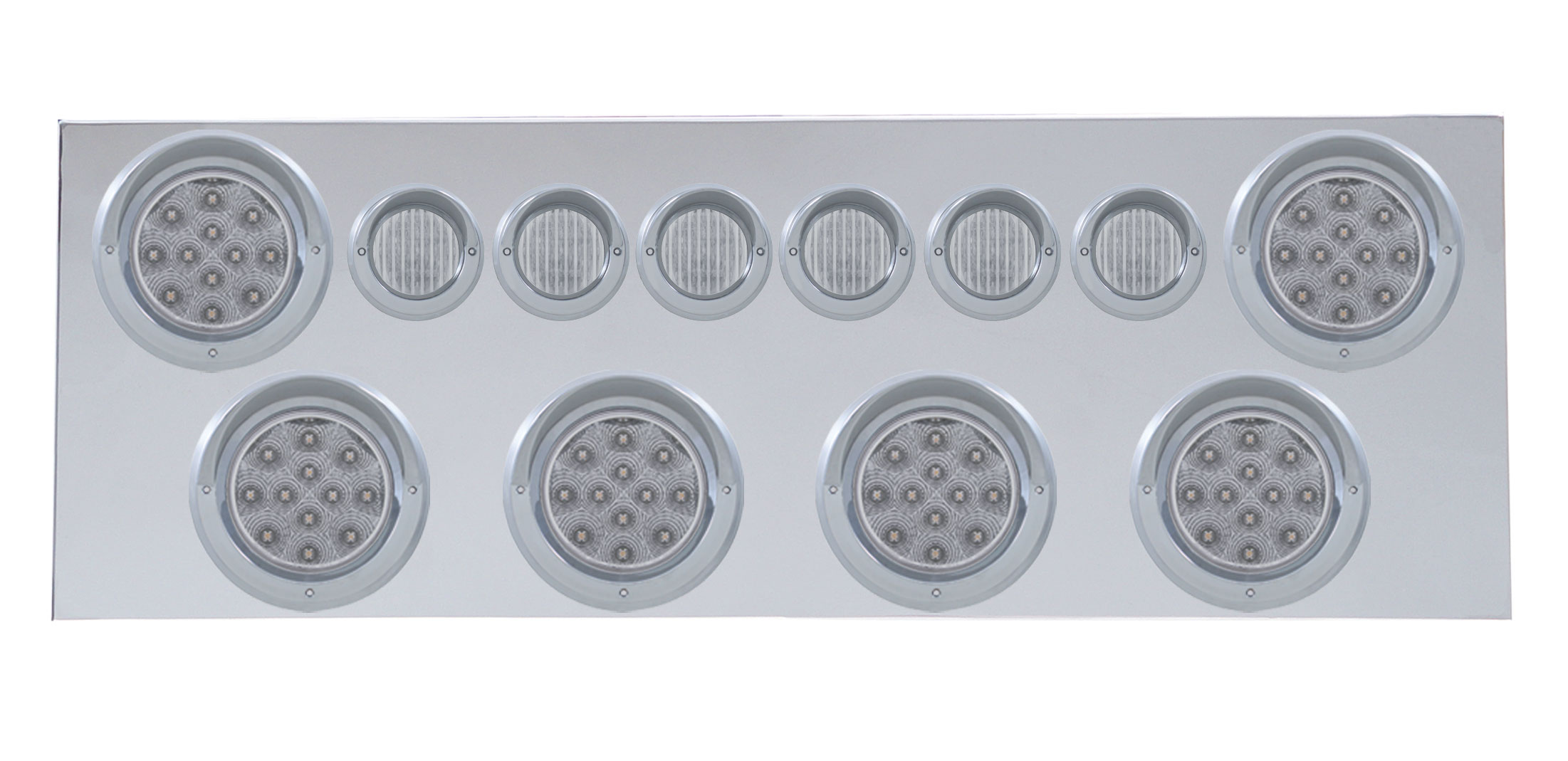 Stainless Steel Rear Center Light Panel W/ Six 12 Led 4" & 9 Led 2" Flat Light W/ Visor - Red Led/Clear Lens