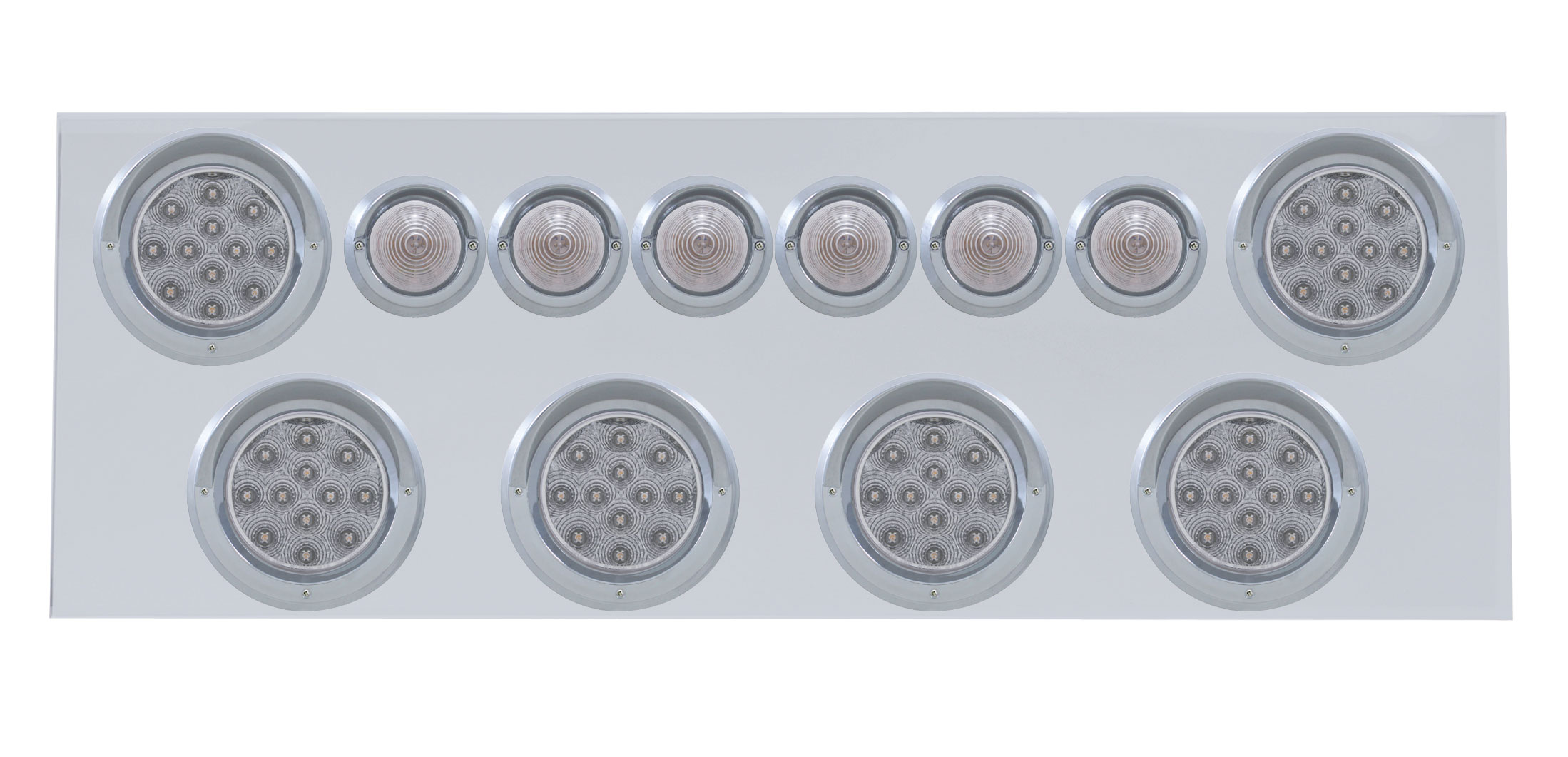 Stainless Steel Rear Center Light Panel W/ Six 12 Led 4" & 9 Led 2" Beehive Light W/ Visor - Red Led/Clear Lens