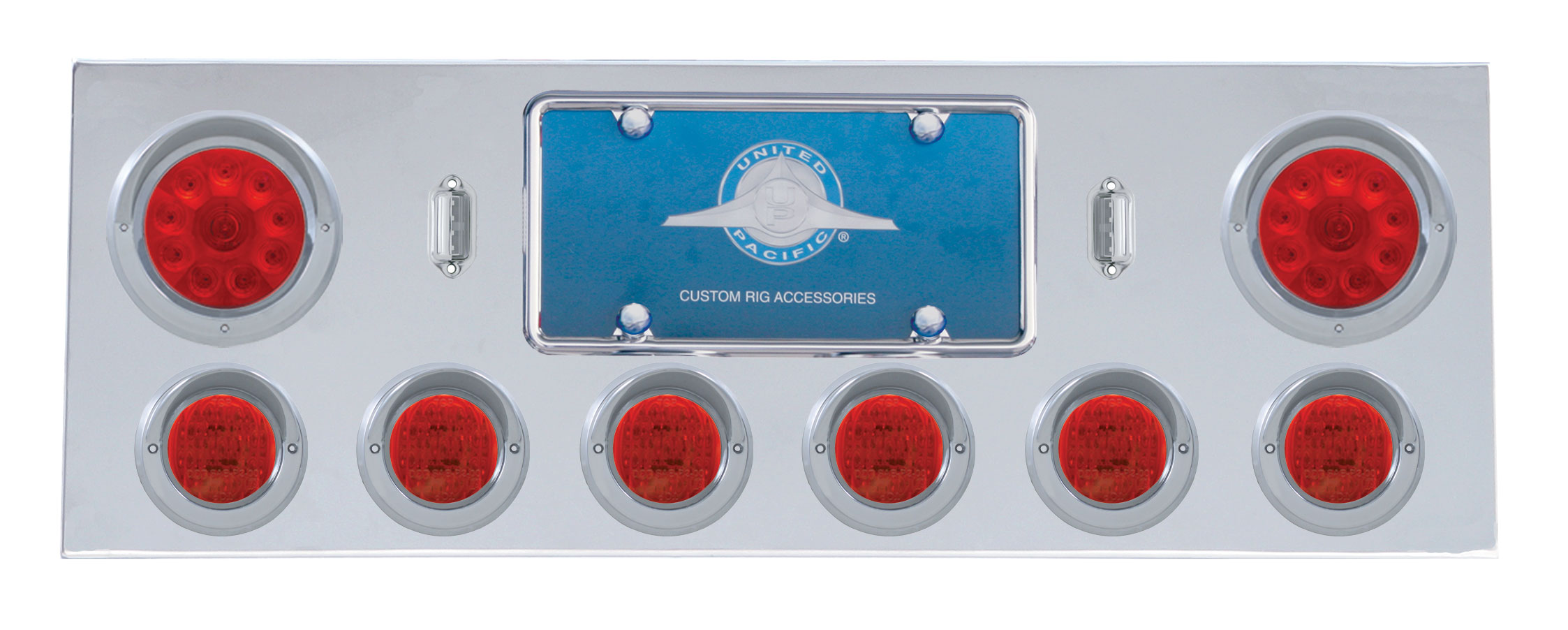 Stainless Steel Rear Center Light Panel W/ Two 10 Led 4" & Six 13 Led 2 1/2" Flat Light W/ Visor - Red Led/Red Lens