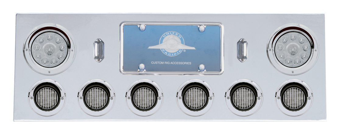 Stainless Steel Rear Center Light Panel W/ Two 10 Led 4" & Six 13 Led 2 1/2" Flat Light W/ Visor - Red Led/Clear Lens