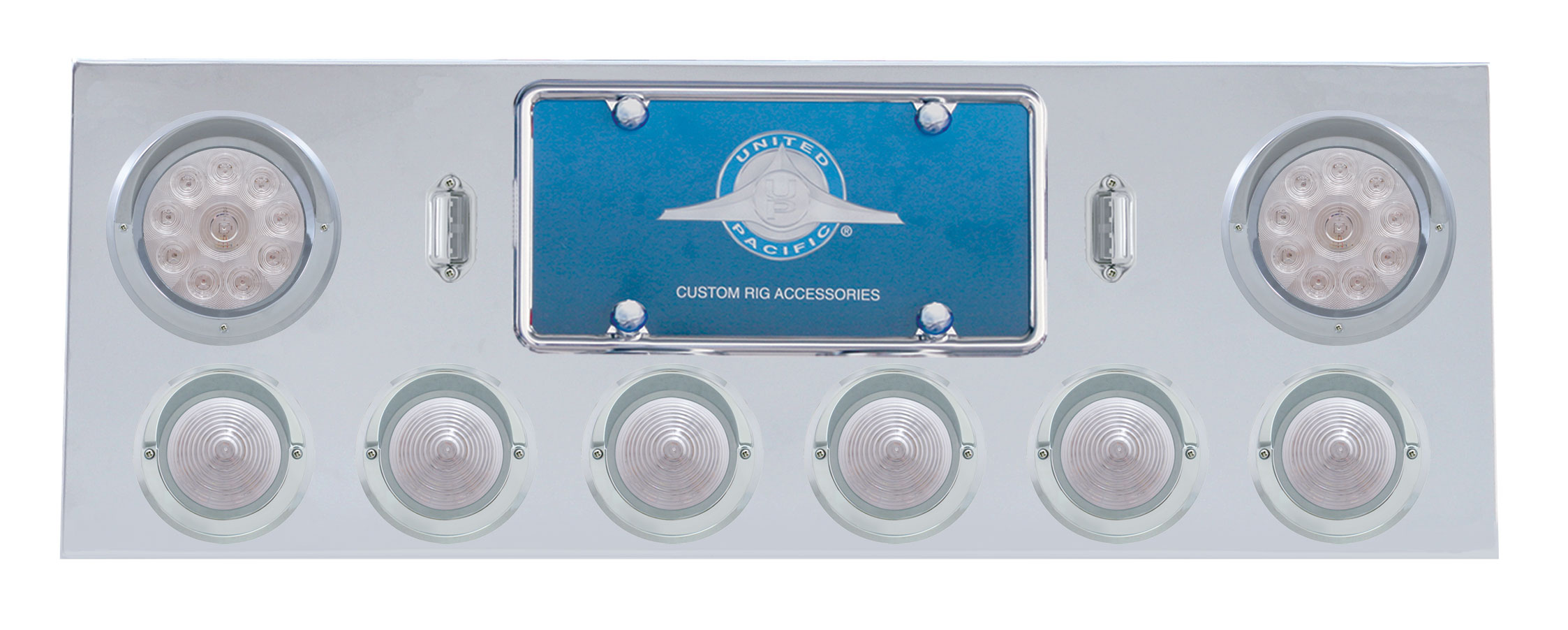 Stainless Steel Rear Center Light Panel W/ Two 10 Led 4" & Six 13 Led 2 1/2" Beehive Light W/ Visor - Red Led/Clear Lens