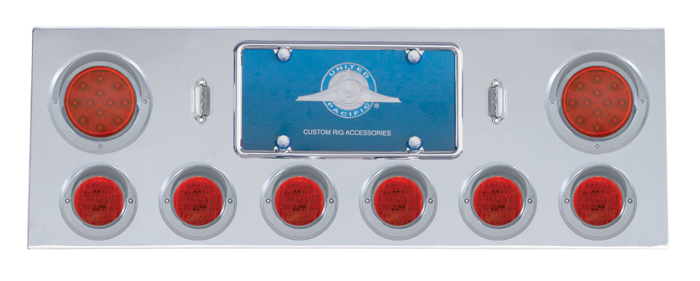 Stainless Steel Rear Center Light Panel W/ Two 12 Led 4" & Six 13 Led 2 1/2" Flat Light W/ Visor - Red Led/Red Lens