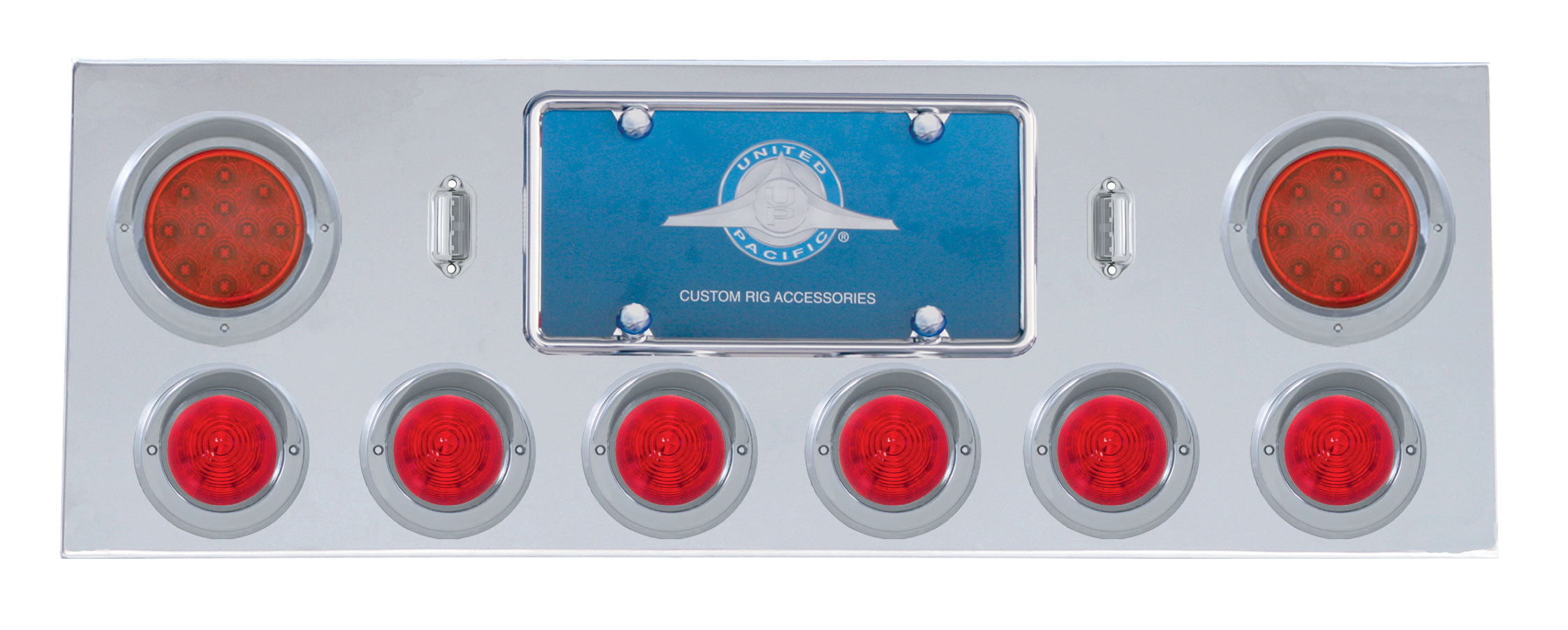 Stainless Steel Rear Center Light Panel W/ Two 12 Led 4" & Six 13 Led 2 1/2" Beehive Light W/ Visor - Red Led/Red Lens