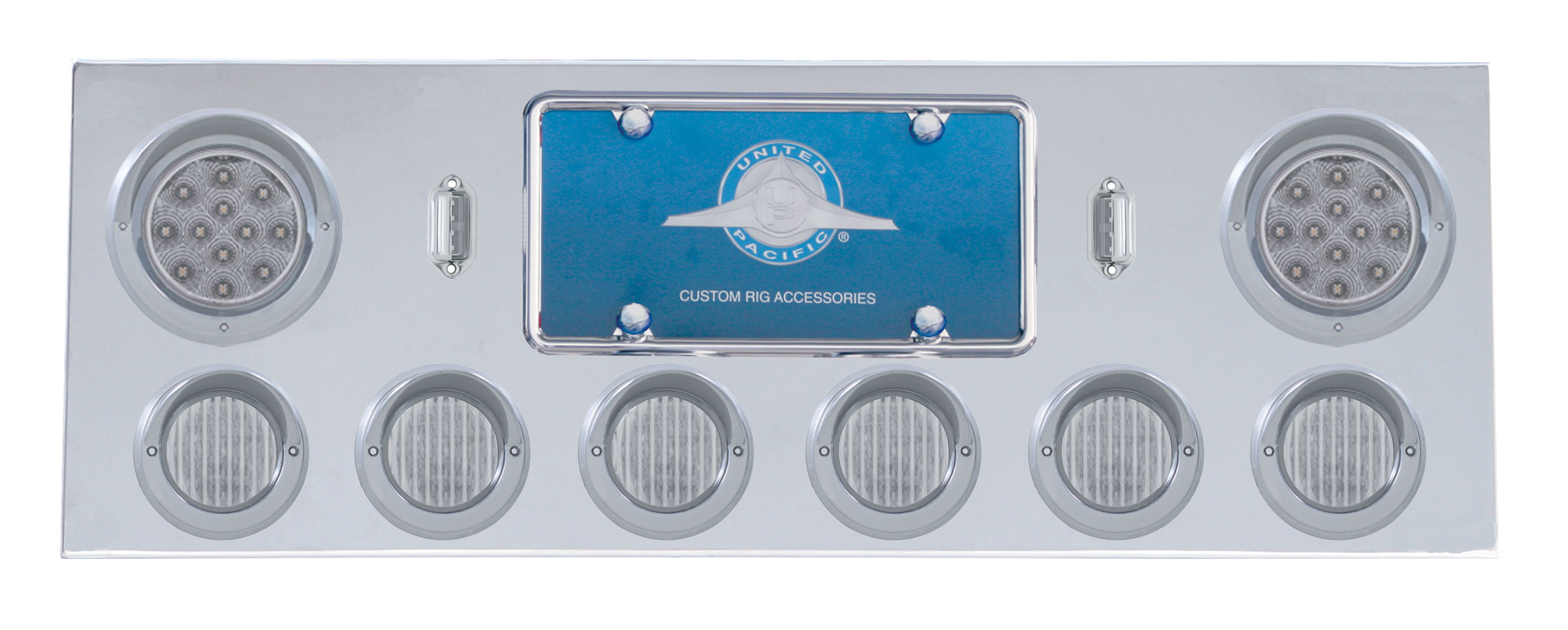 Stainless Steel Rear Center Light Panel W/ Two 12 Led 4" & Six 13 Led 2 1/2" Flat Light W/ Visor - Red Led/Clear Lens