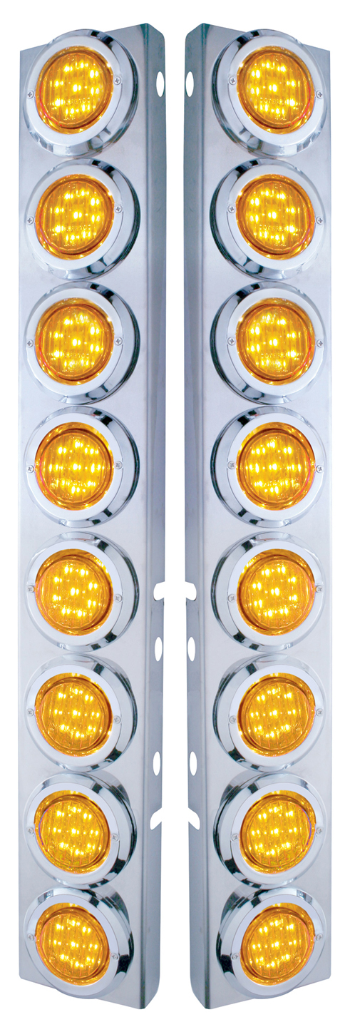 (2/Bulk) Stainless Steel Peterbilt 8 Led Cutout A/C Bracket W/2" 9 Amber Led Flat Light & Chrome Pl. Bezel - Amber Lens