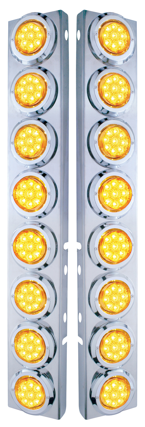 (2/Bulk) Stainless Steel Peterbilt 16 Led Cutout A/C Bracket W/2" 9 Amber Led Flat Reflector Light & Chrome Pl. Bezel - Amber Lens