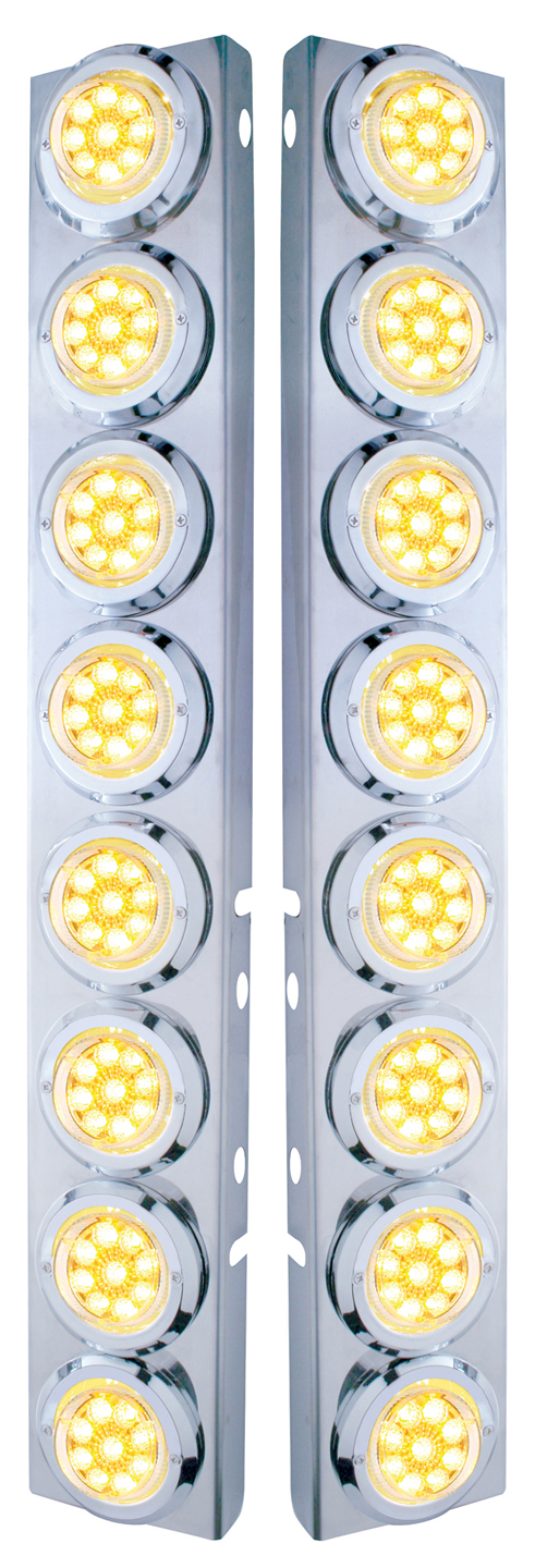 (2/Bulk) Stainless Steel Peterbilt 16 Led Cutout A/C Bracket W/2" 9 Amber Led Flat Reflector Light & Chrome Pl. Bezel - Clear Lens