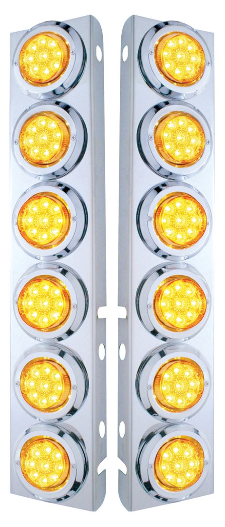 (2/Bulk) Stainless Steel Peterbilt 12 Led Cutout A/C Bracket W/2" 9 Amber Led Flat Reflector Light & Chrome Pl. Bezel - Amber Lens