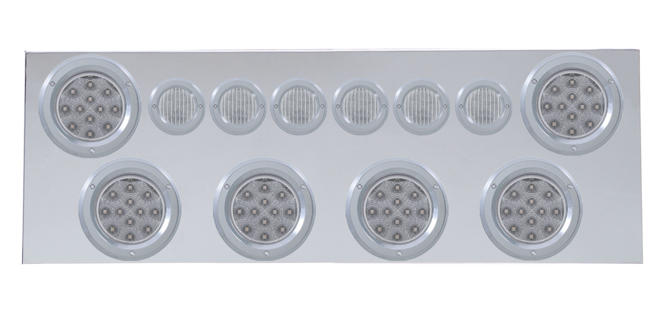 Stainless Steel Rear Center Light Panel W/ Six 12 Led 4" & 9 Led 2" Flat Light W/ Bezel - Red Led/Clear Lens