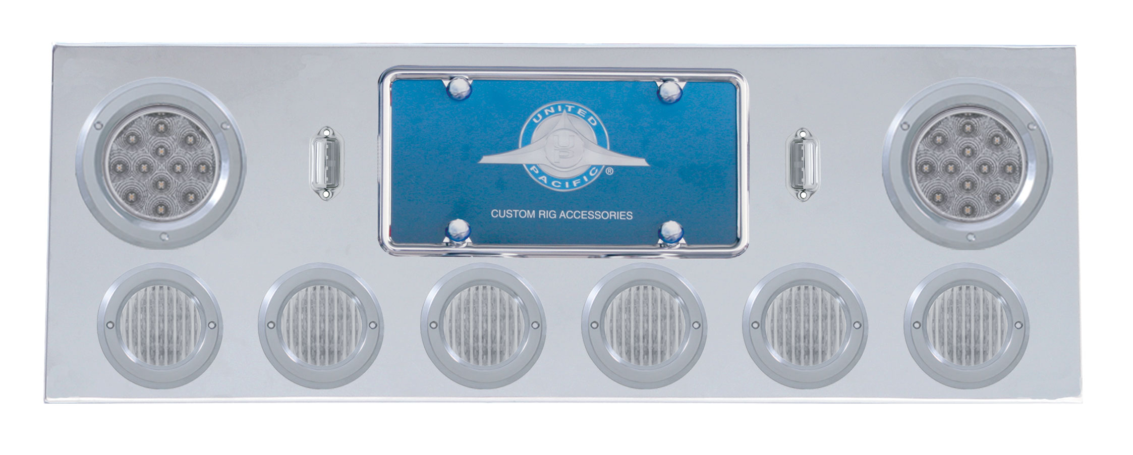 Stainless Steel Rear Center Light Panel W/ Two 12 Led 4" & Six 13 Led 2 1/2" Flat Light W/ Bezel - Red Led/Clear Lens