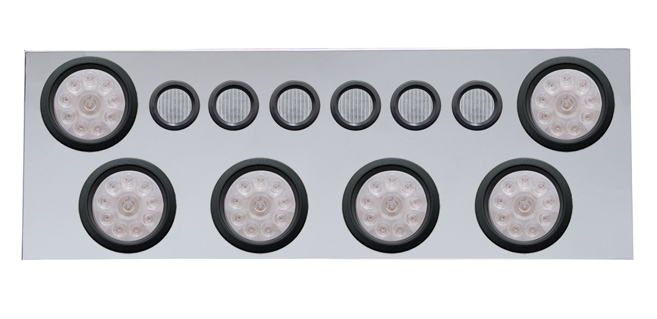 Stainless Steel Rear Center Light Panel W/ Six 10 Led 4" & 9 Led 2" Flat Light W/ Grommet - Red Led/Clear Lens