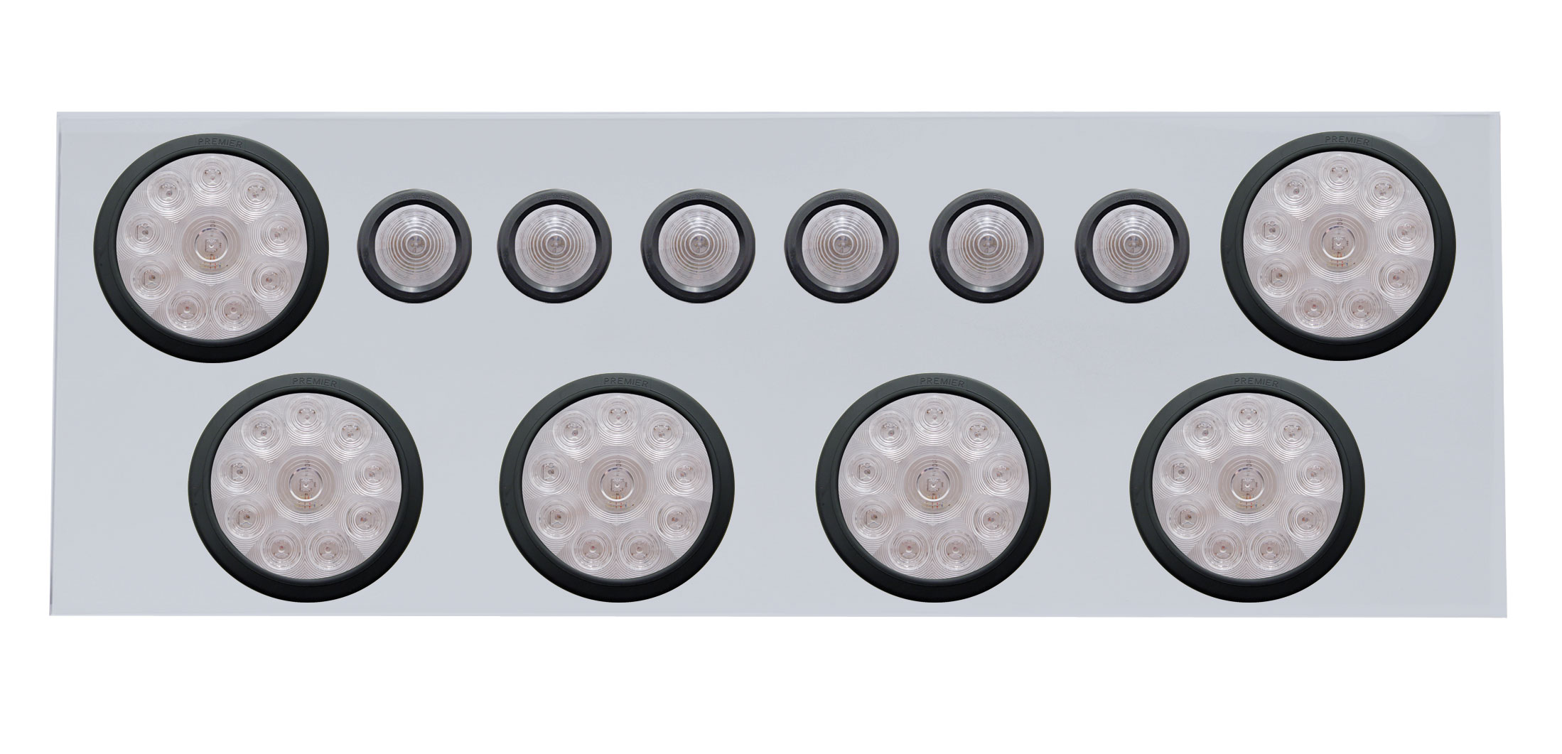 Stainless Steel Rear Center Light Panel W/ Six 10 Led 4" & 9 Led 2" Beehive Light W/ Grommet - Red Led/Clear Lens