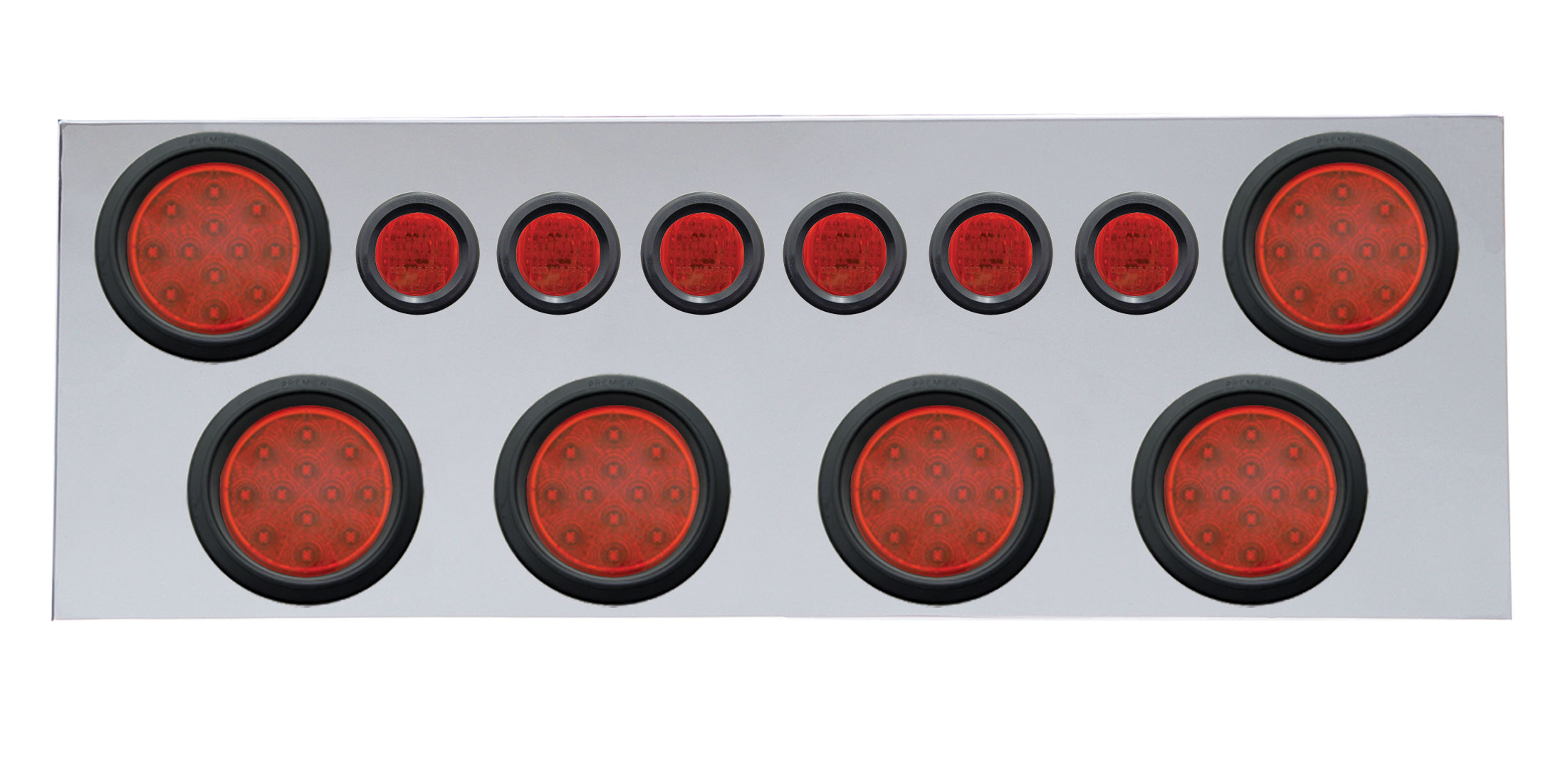 Stainless Steel Rear Center Light Panel W/ Six 12 Led 4" & 9 Led 2" Flat Light W/ Grommet - Red Led/Red Lens