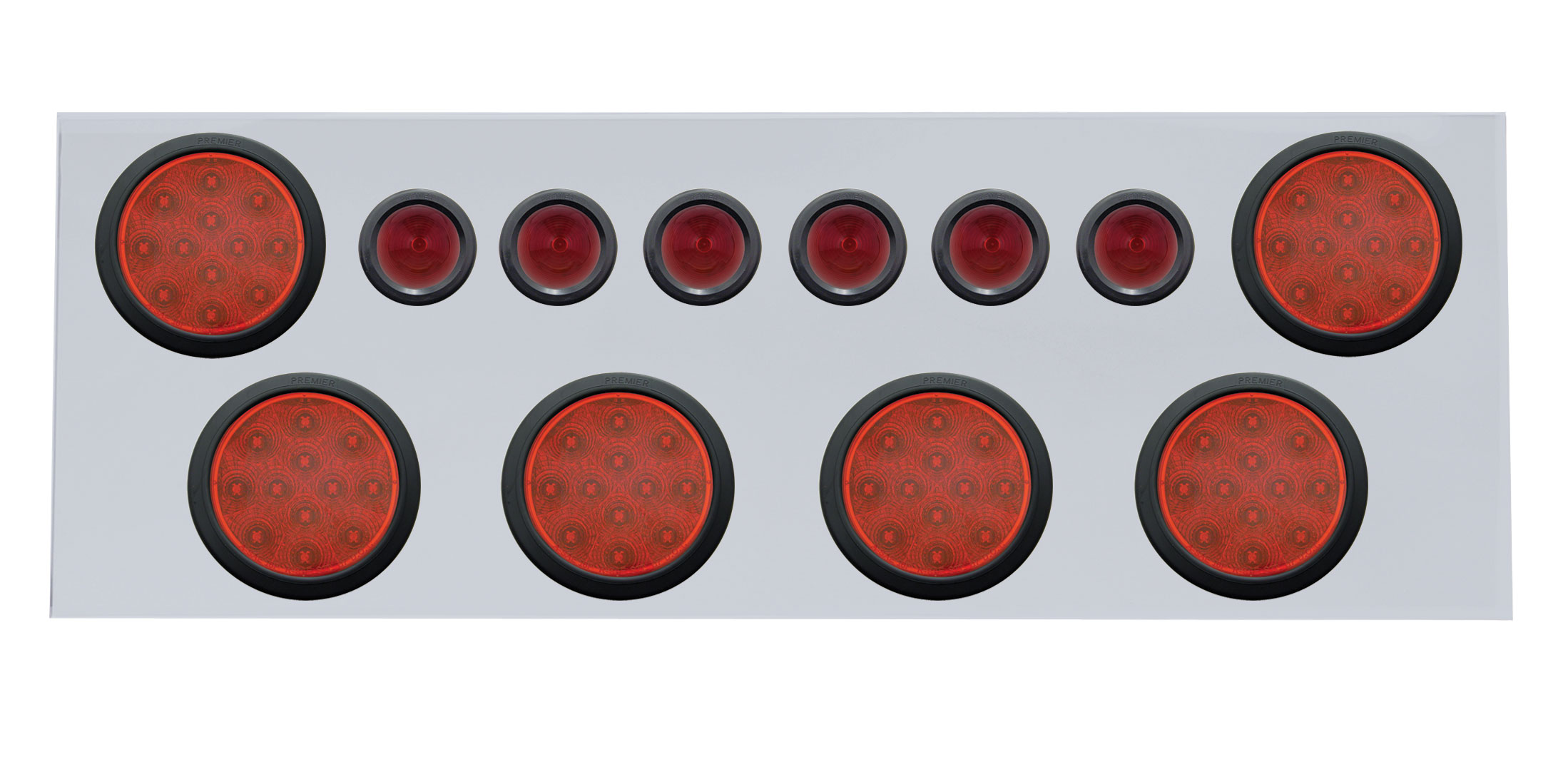 Stainless Steel Rear Center Light Panel W/ Six 12 Led 4" & 9 Led 2" Beehive Light W/ Grommet - Red Led/Red Lens