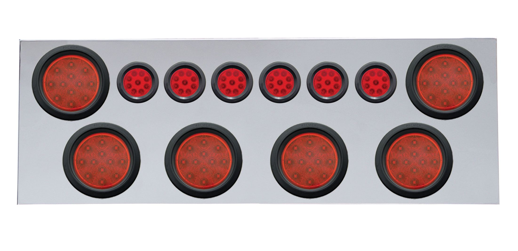 Stainless Steel Rear Center Light Panel W/ Six 12 Led 4" & 9 Led 2" Reflector Light W/ Grommet - Red Led/Red Lens