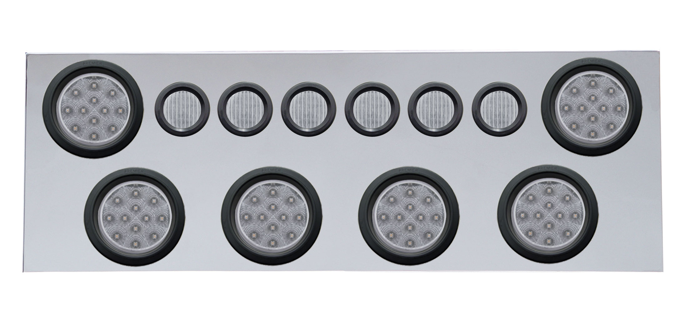 Stainless Steel Rear Center Light Panel W/ Six 12 Led 4" & 9 Led 2" Flat Light W/ Grommet - Red Led/Clear Lens