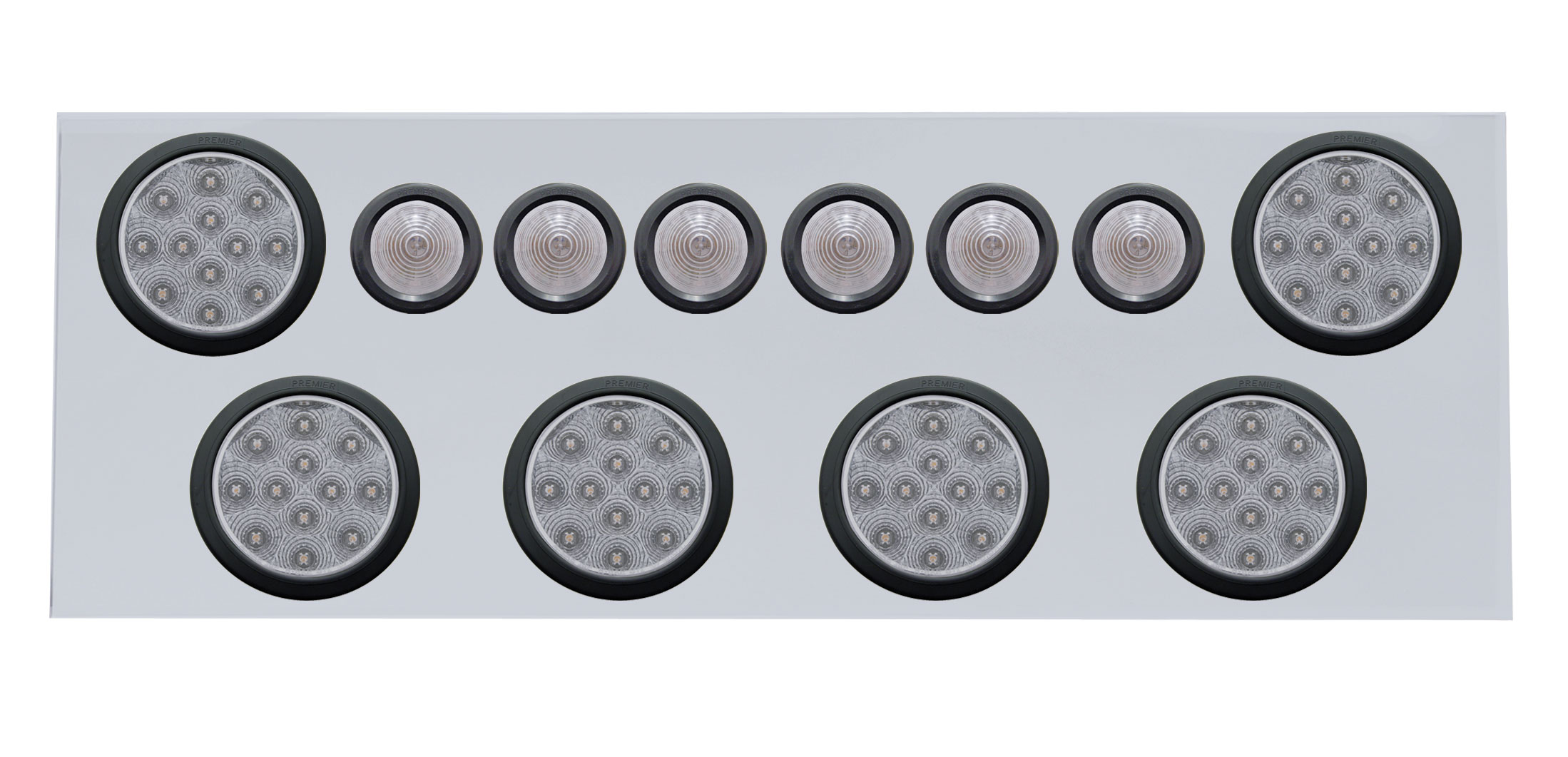 Stainless Steel Rear Center Light Panel W/ Six 12 Led 4" & 9 Led 2" Beehive Light W/ Grommet - Red Led/Clear Lens
