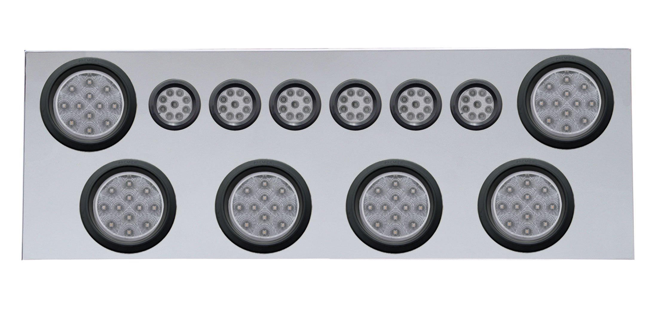 Stainless Steel Rear Center Light Panel W/ Six 12 Led 4" & 9 Led 2" Reflector Light W/ Grommet - Red Led/Clear Lens