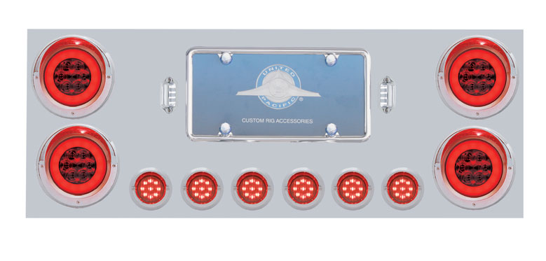 Stainless Steel Rear Center Light Panel W/ Four 21 Led 4" Halo Light & Six 9 Led 2" Flat Light W/ Visor - Red Led/Red Lens