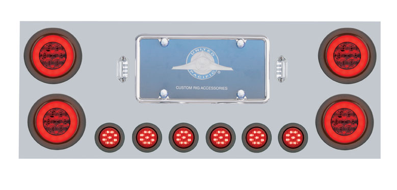 Stainless Steel Rear Center Light Panel W/ Four 21 Led 4" Glo Light & Six 9 Led 2" Flat Light W/ Grommet - Red Led/Red Lens