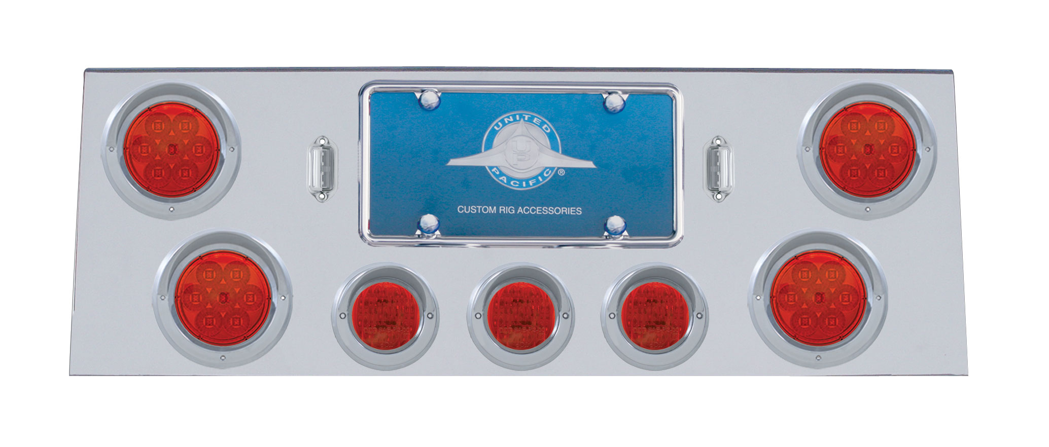 Stainless Steel Rear Center Light Panel W/ Four 7 Led 4" Reflector & Three 13 Led 2 1/2" Flat Light W/ Visor - Red Led/Red Lens