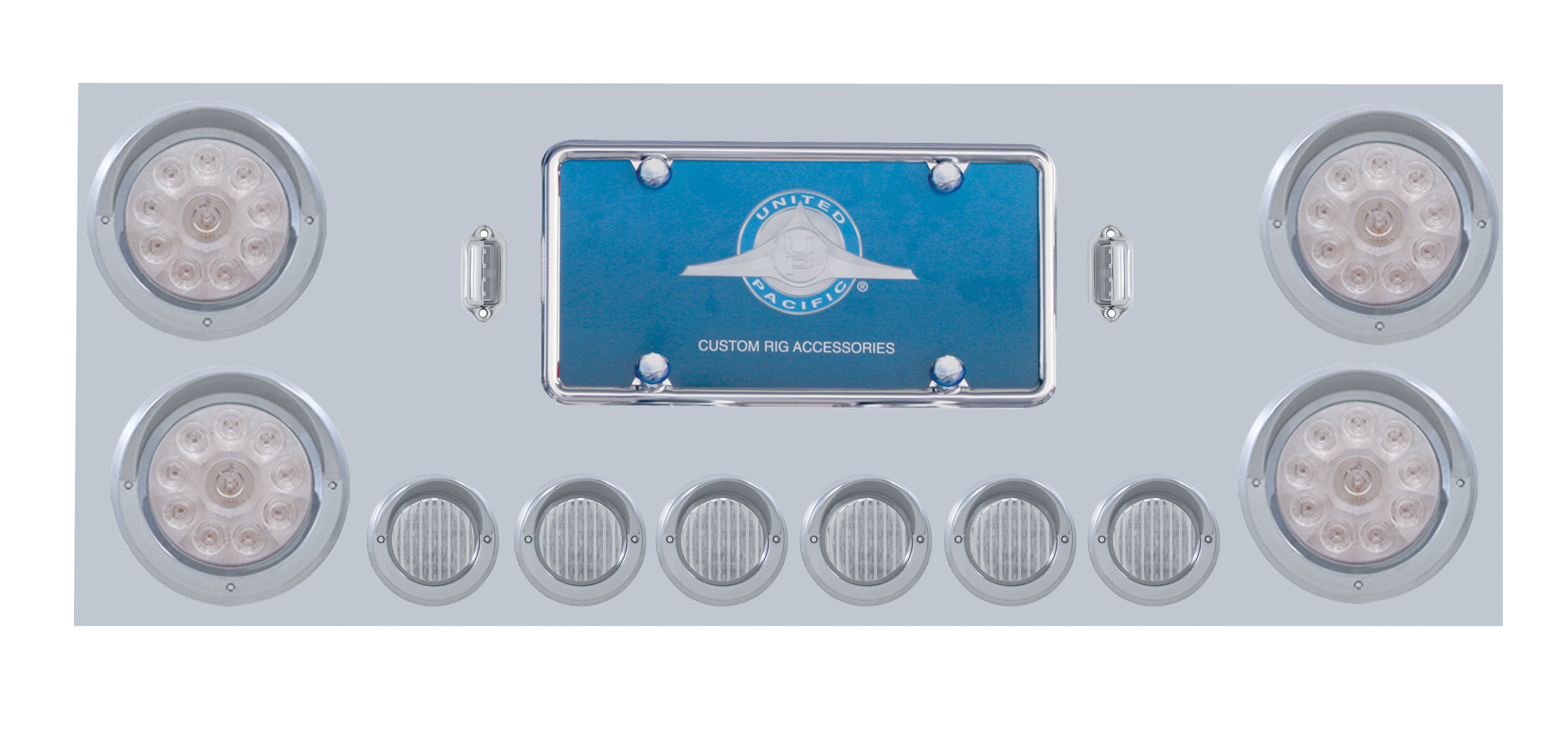 Stainless Steel Rear Center Light Panel W/ Four 10 Led 4" & Six 9 Led 2" Flat Light W/ Visor - Red Led/Clear Lens