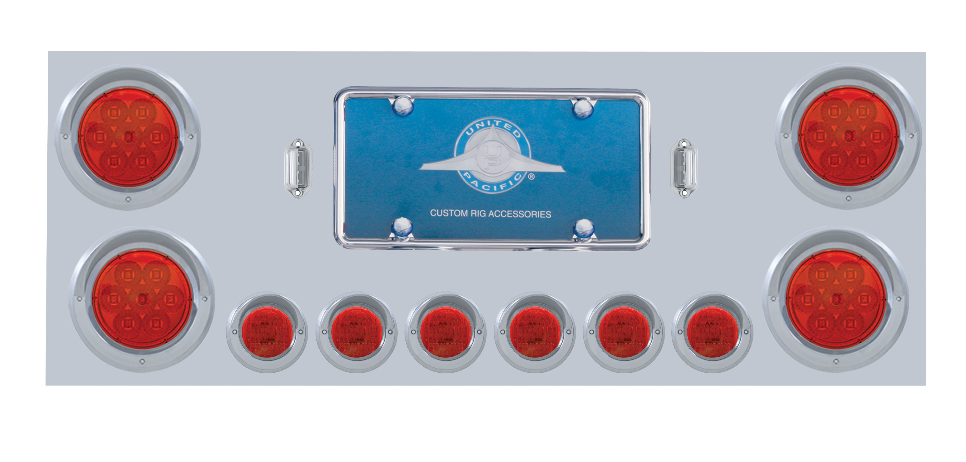 Stainless Steel Rear Center Light Panel W/ Four 7 Led 4" & Six 9 Led 2" Flat Light W/ Visor - Red Led/Red Lens