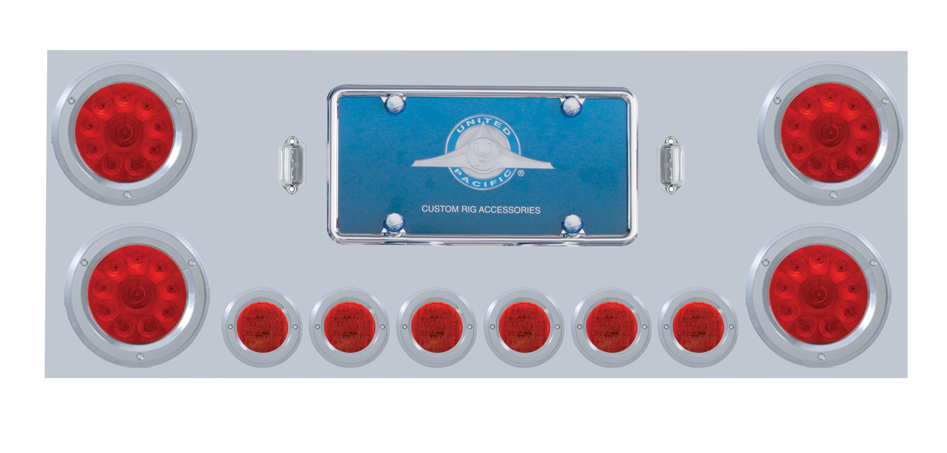 Stainless Steel Rear Center Light Panel W/ Four 10 Led 4" & Six 9 Led 2" Flat Light W/ Bezel - Red Led/Red Lens