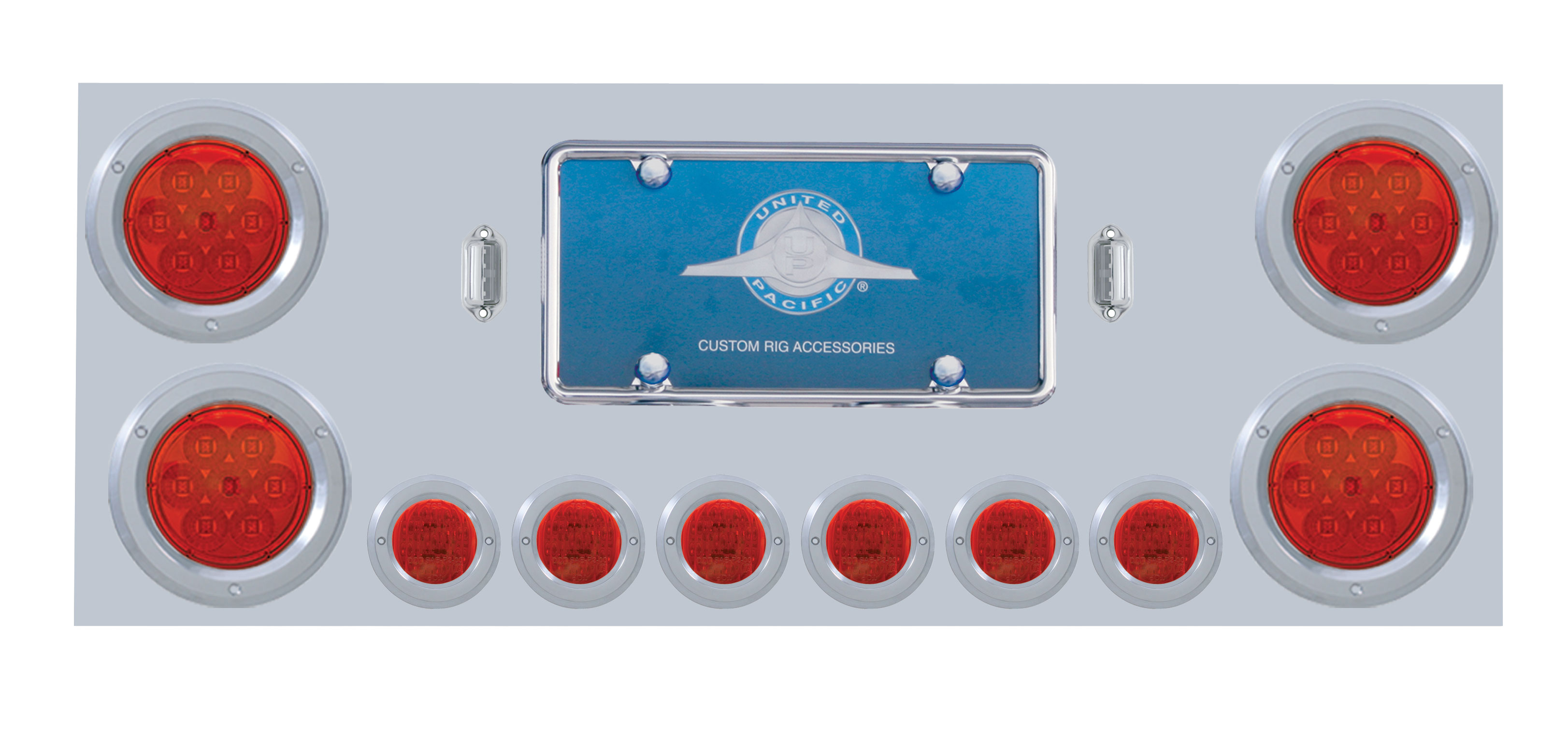 Stainless Steel Rear Center Light Panel W/ Four 7 Led 4" & Six 9 Led 2" Flat Light W/ Bezel - Red Led/Red Lens