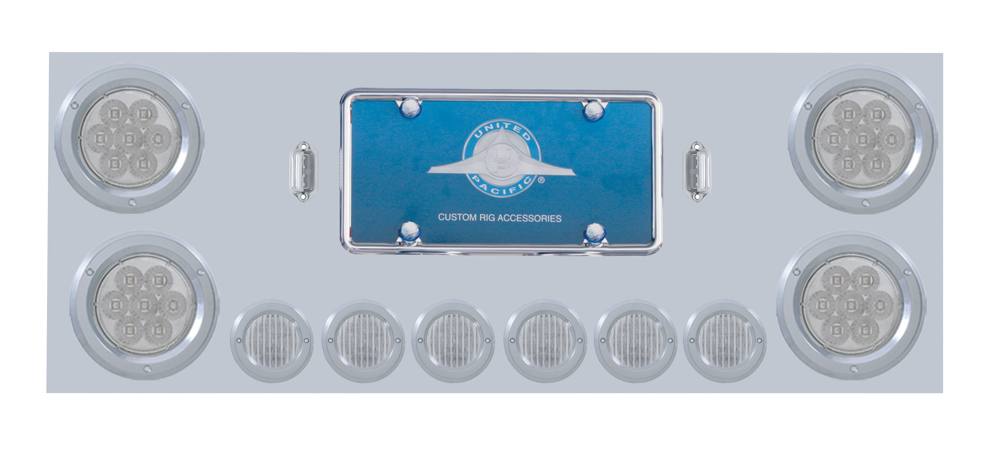 Stainless Steel Rear Center Light Panel W/ Four 7 Led 4" & Six 9 Led 2" Flat Light W/ Bezel - Red Led/Clear Lens