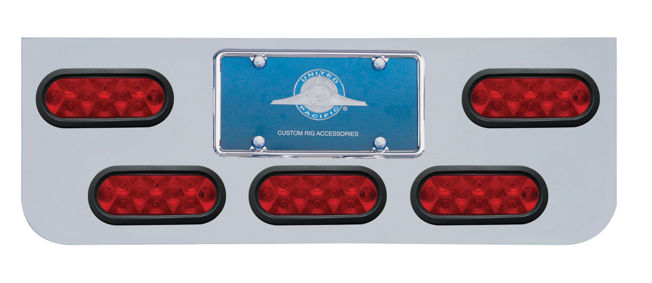 Chrome Rear Center Light Panel W/ 5 Straight 10 Red Led Oval Light W/ Grommet - Red Lens