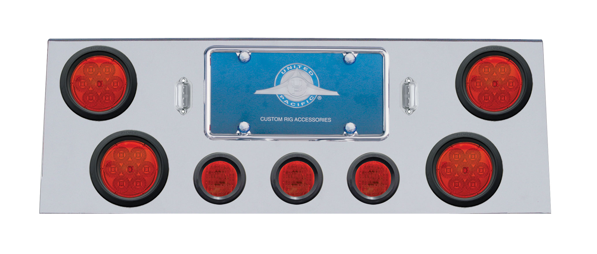 Stainless Steel Rear Center Light Panel W/ Four 7 Led 4" Reflector & Three 13 Led 2 1/2" Flat Light W/ Grommet - Red Led/Red Lens