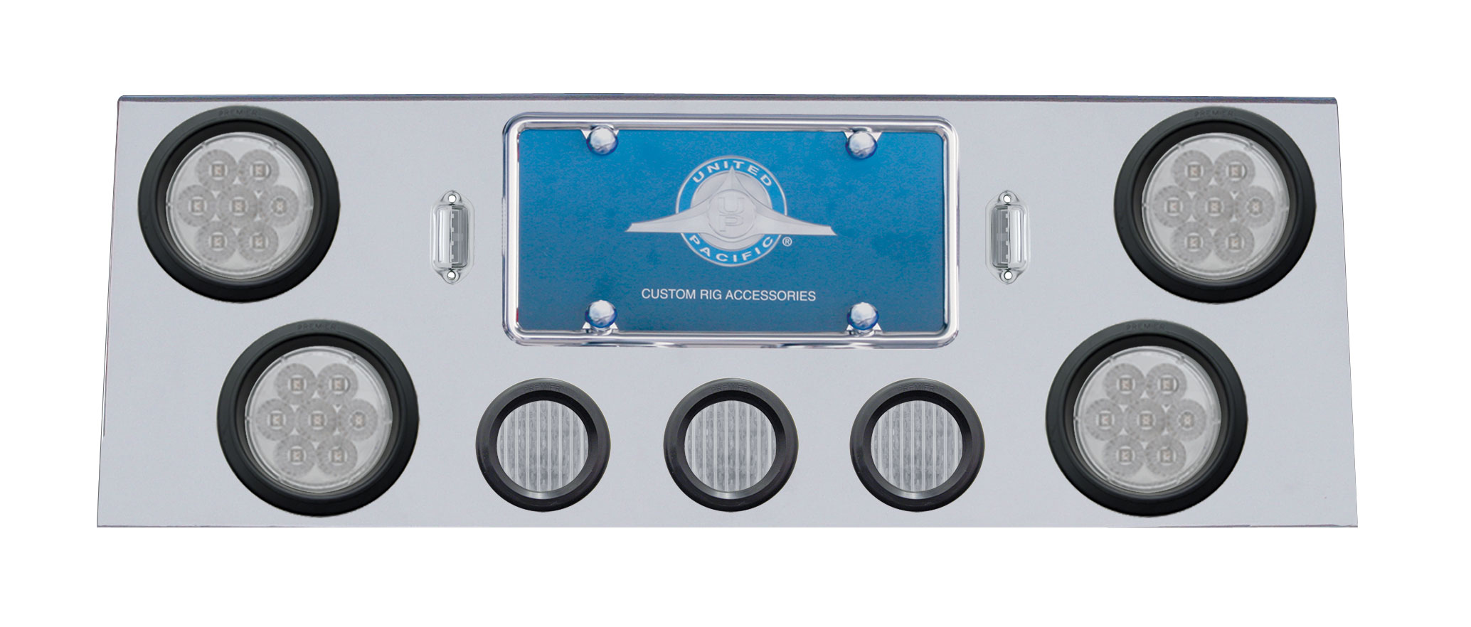 Stainless Steel Rear Center Light Panel W/ Four 7 Led 4" Reflector & Three 13 Led 2 1/2" Flat Light W/ Grommet - Red Led/Clear Lens