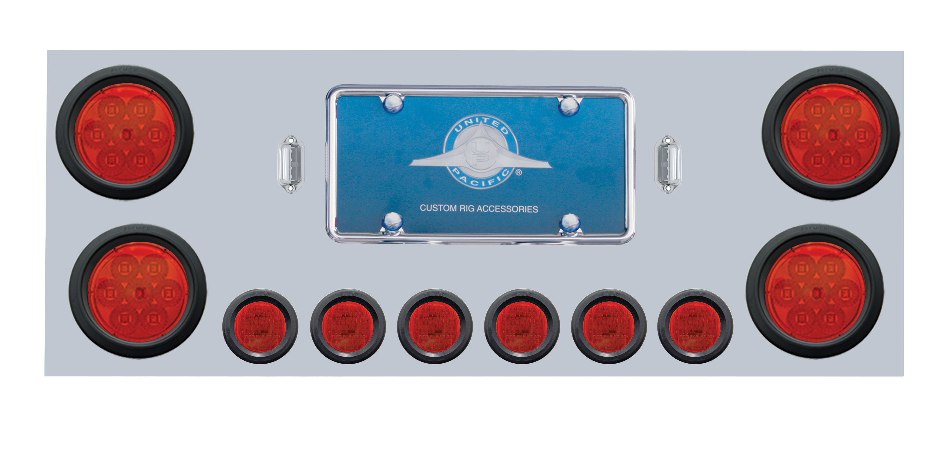Stainless Steel Rear Center Light Panel W/ Four 7 Led 4" & Six 9 Led 2" Flat Light W/ Grommet - Red Led/Red Lens