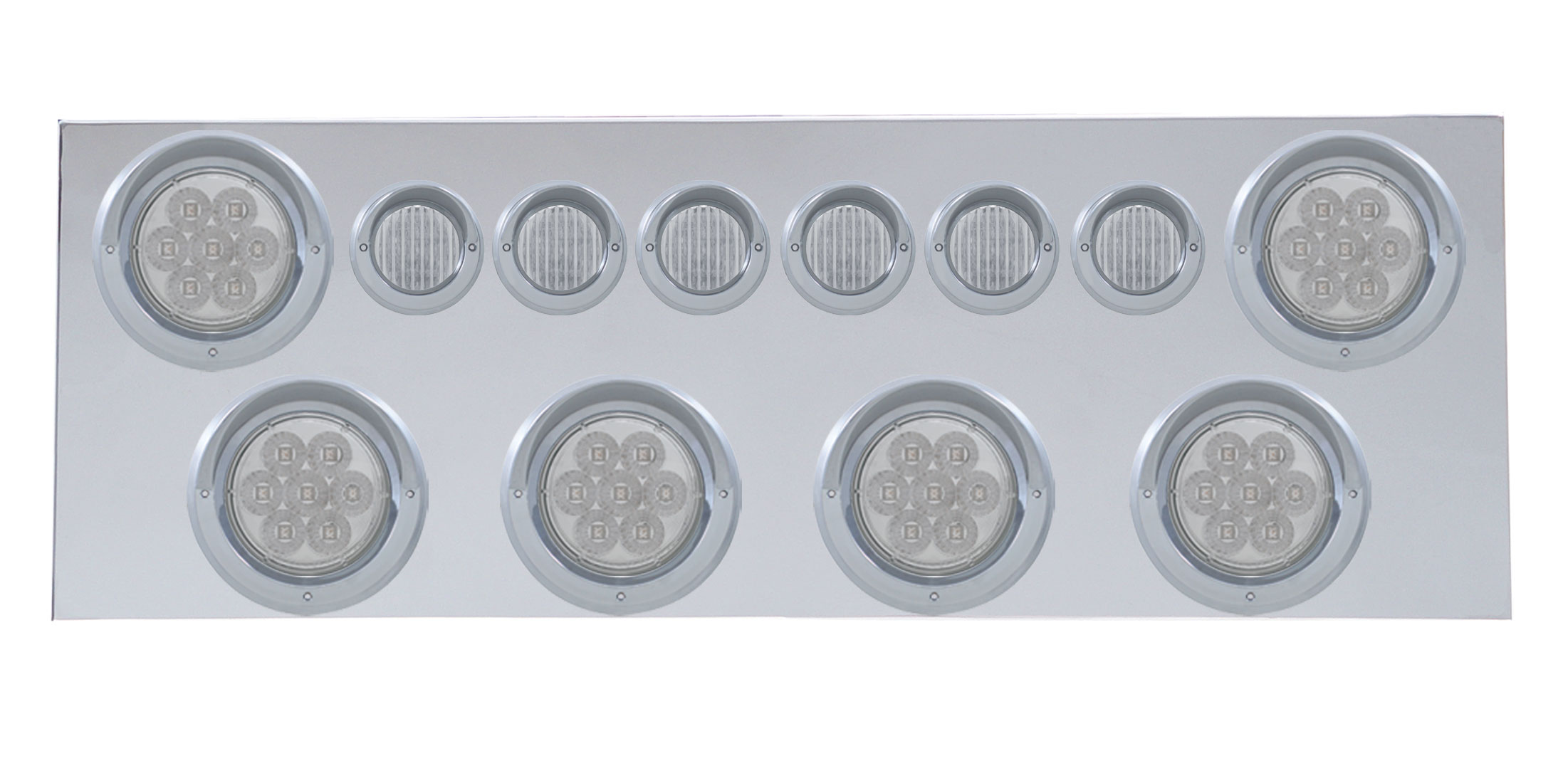Stainless Steel Rear Center Light Panel W/ Six 7 Led 4" & 9 Led 2" Flat Light W/ Visor - Red Led/Clear Lens